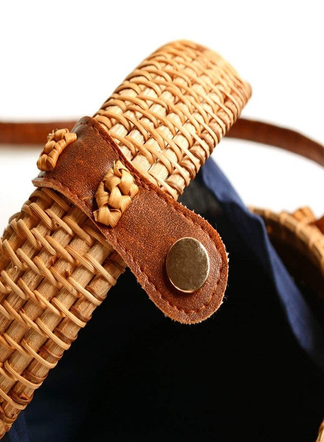 i-lan Handwoven Round Rattan Straw Bag- 7.5 x 2.4 Inch Round Bali Crossbody Bag Summer Beach Boho ShoulderBag Purse Clutch Handbag - Image 5