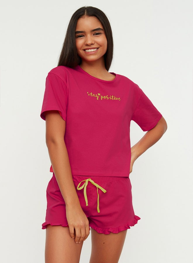trendyol Fuchsia 100% Cotton Embroidered Ruffle Detail Knitted Pajama Set with Shorts  - Image 2