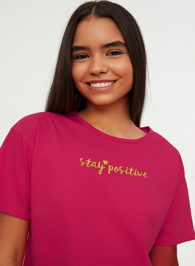 trendyol Fuchsia 100% Cotton Embroidered Ruffle Detail Knitted Pajama Set with Shorts  - Image 3