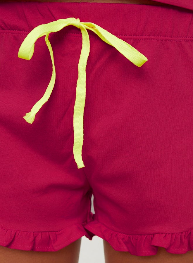 trendyol Fuchsia 100% Cotton Embroidered Ruffle Detail Knitted Pajama Set with Shorts  - Image 5