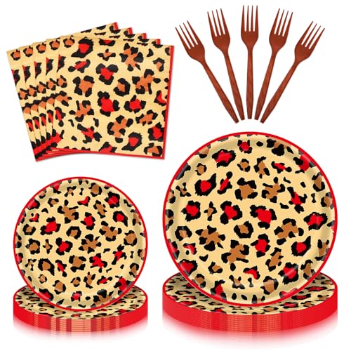 PhyLence 100 Pcs Leopard Print Tableware Party Supplies - Disposable Animal Print Dinnerware Set with Paper Plates,Napkins for Safari Theme,Jungle Birthday Party - Serves 25 - Image 1