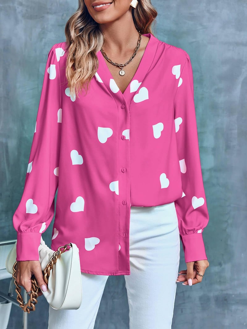 Flowyair Women's V Neck Shirts Button Down Long Sleeve Heart Print Casual Work Blouses - Image 3