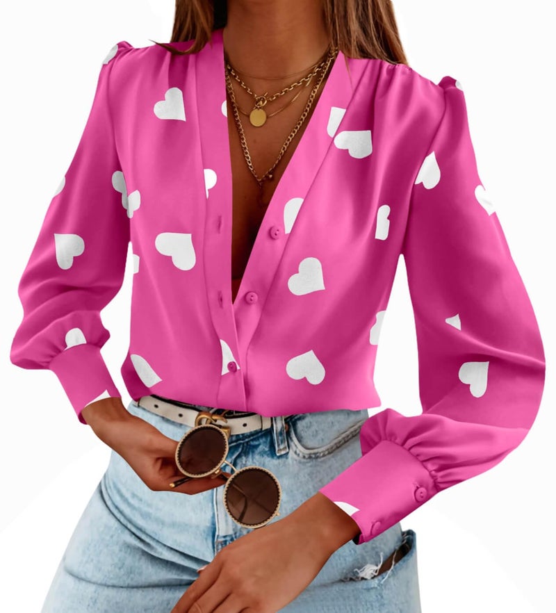 Flowyair Women's V Neck Shirts Button Down Long Sleeve Heart Print Casual Work Blouses - Image 1