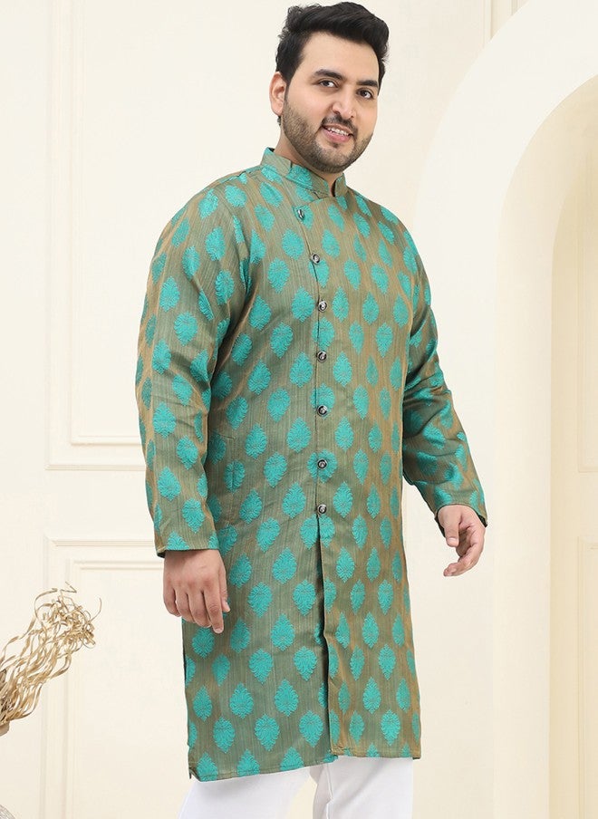 Sojanya قميص كورتا بتصميم منسوج باللونين الأخضر والنحاسي للرجال - Image 4