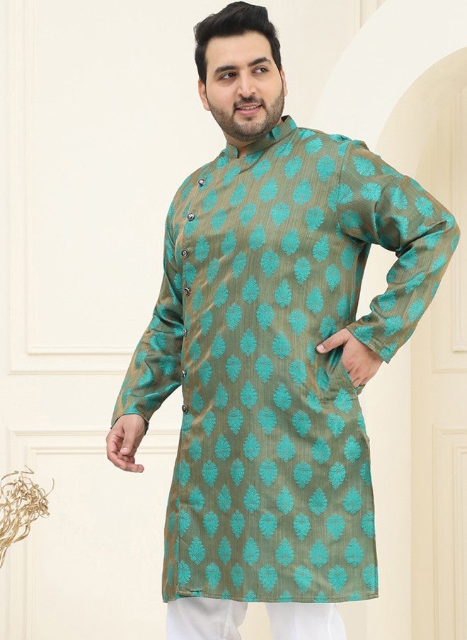 Sojanya قميص كورتا بتصميم منسوج باللونين الأخضر والنحاسي للرجال - Image 5