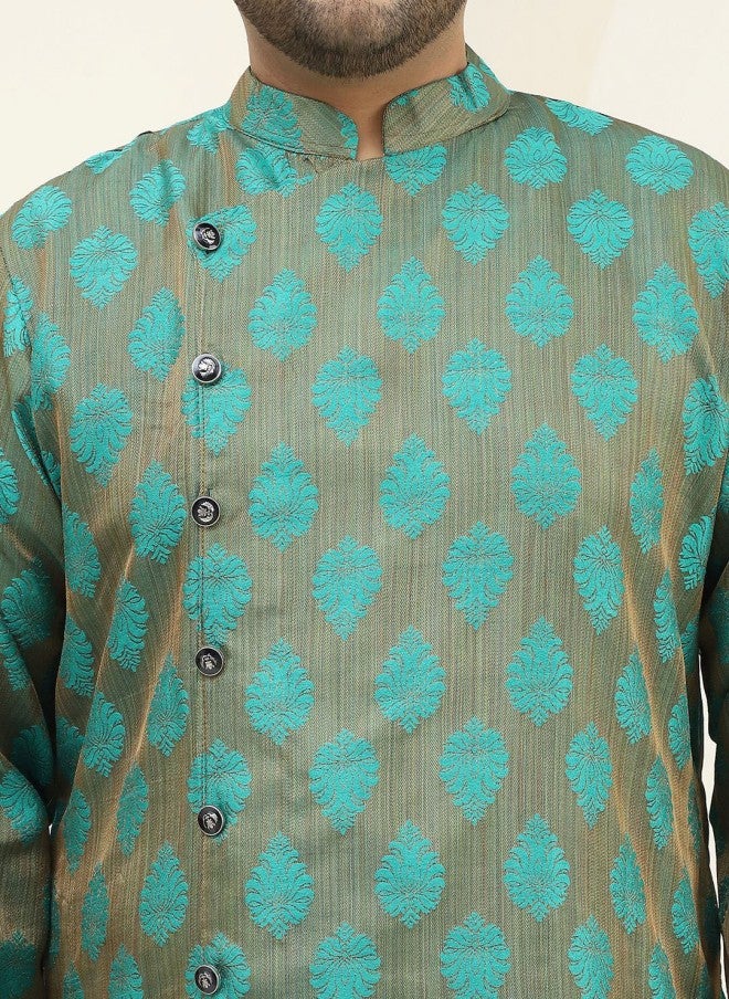 Sojanya قميص كورتا بتصميم منسوج باللونين الأخضر والنحاسي للرجال - Image 3