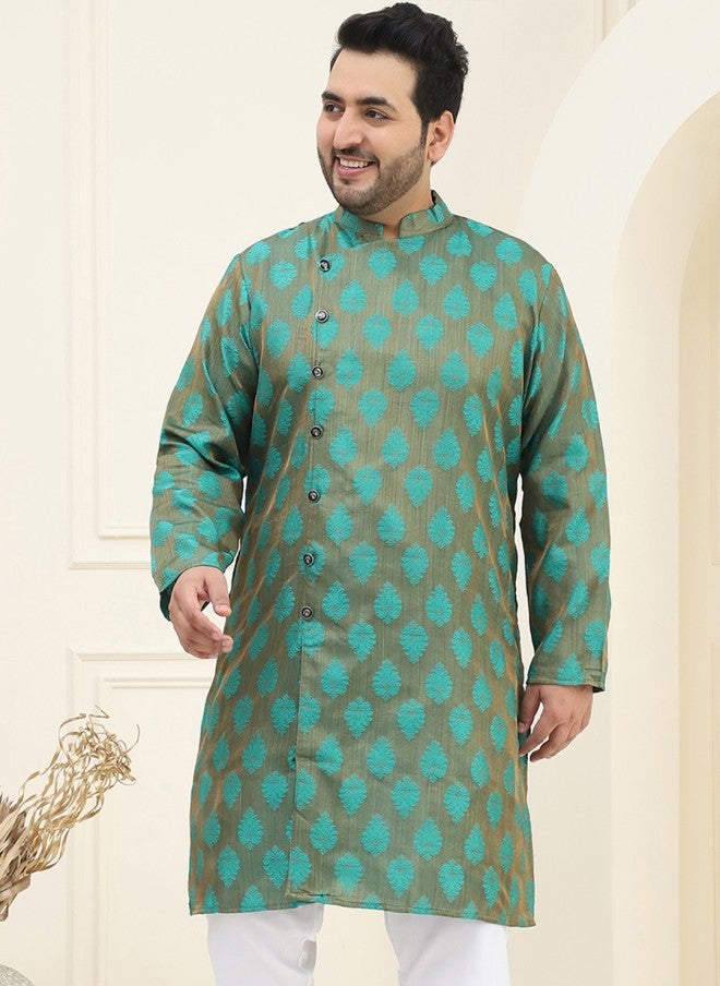 Sojanya قميص كورتا بتصميم منسوج باللونين الأخضر والنحاسي للرجال - Image 2