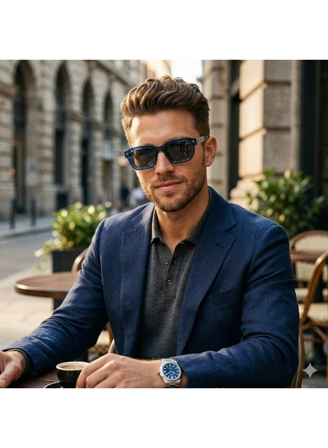 ثوجفيت نظارات شمسية مربعة للرجال - عدسات TAC مستقطبة (Polarized) للصيد والقيادة - حماية UV400 - إطار أزرق عصري مع تفاصيل فضية.