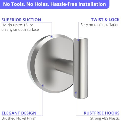 HOME SO Suction Cup Hooks T Shape (2 or 4 Pack) (Brushed Nickel, 2, Count) - Image 5