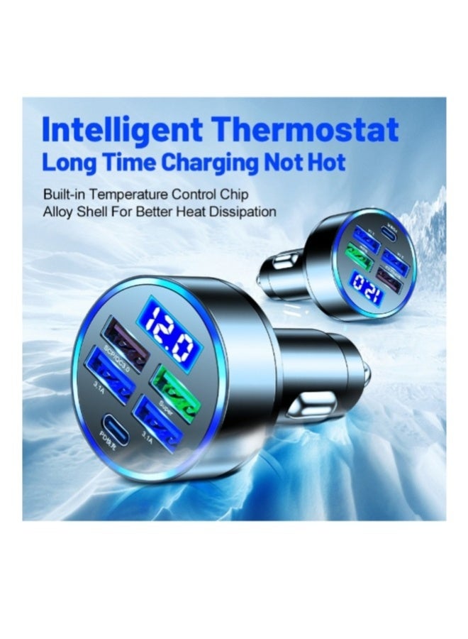 Loquat 5 Ports Car Charger PD 20W with Hole 80W 4 USB Super Fast Charge 66W USB Car Charger Fast Charge with LED Light Display Car Charger Adapter Black - Image 2