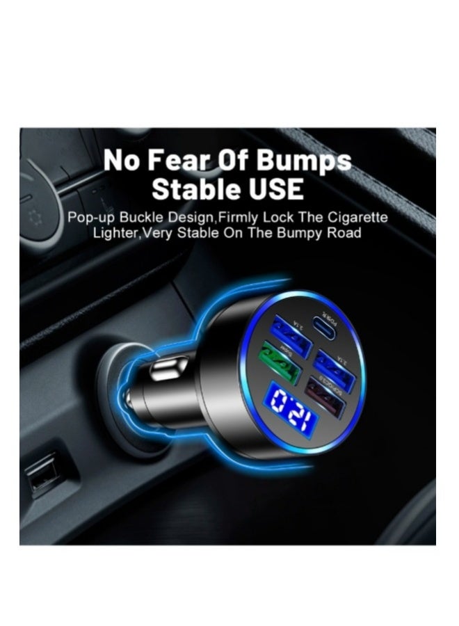 Loquat 5 Ports Car Charger PD 20W with Hole 80W 4 USB Super Fast Charge 66W USB Car Charger Fast Charge with LED Light Display Car Charger Adapter Black - Image 4