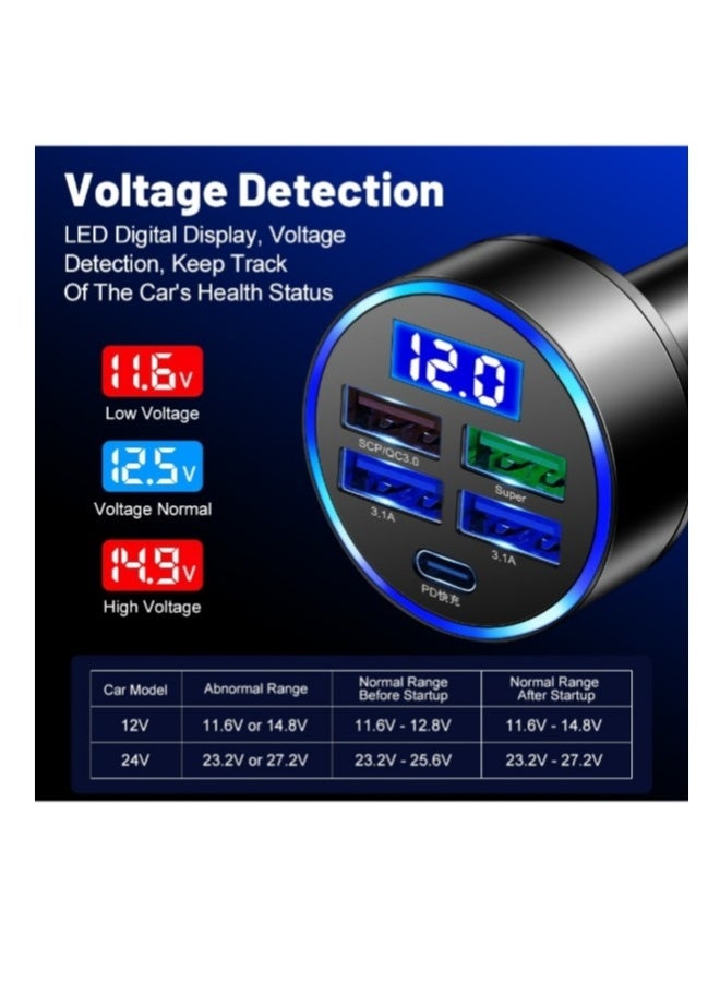 Loquat 5 Ports Car Charger PD 20W with Hole 80W 4 USB Super Fast Charge 66W USB Car Charger Fast Charge with LED Light Display Car Charger Adapter Black - Image 3