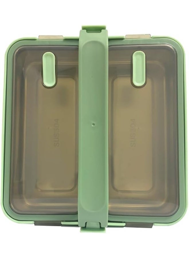 Brain Giggles BrainGiggles 2 Compartments Stainless Steel Lunch Box with Removable Inner Tray Leak Proof Bento Box for Kids Adults - Multifunctional Air Tight Food Container-Green - Image 1