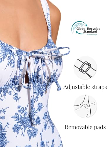 BERLOOK Womens One Piece Swimsuits Floral Push Up Bathing Suit Sexy Tie Slimming Swimsuits for Women Swimwear Blue - Image 5