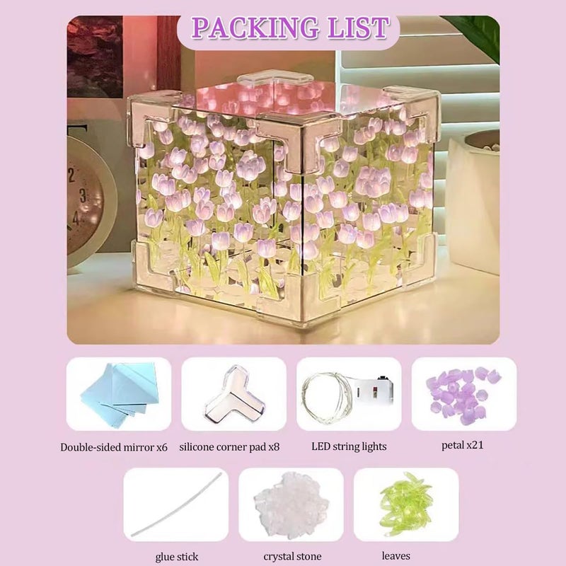 MOKRUSH MOKRUSH Tulip Cube Mirror Lamp 30 Flowers LED Decorative Lamp 2 in 1 Mirror Table Ornament for Bedroom Livingroom Desktop Decor DIY Birthday Gift  - Image 3