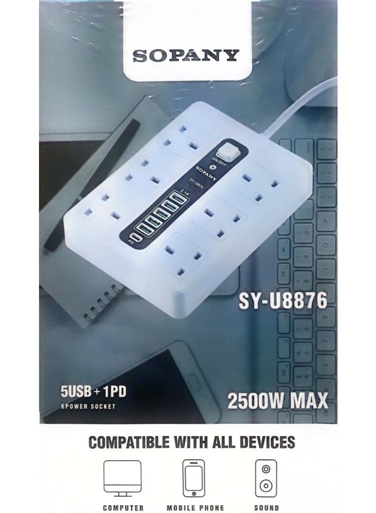 Sopany SY-U8876 Power Strip – 6 Sockets + 5 USB + 1 PD, 2500W Max - Image 1