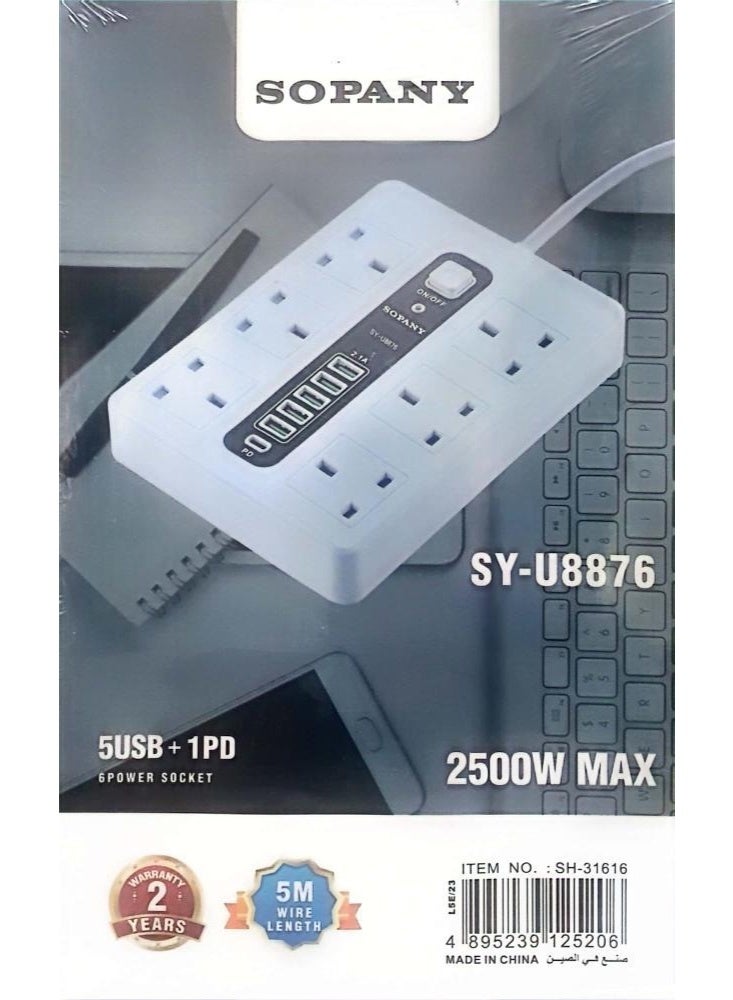 Sopany SY-U8876 Power Strip – 6 Sockets + 5 USB + 1 PD, 2500W Max - Image 2