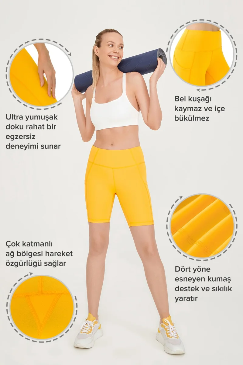 لوس اوهوس Women's Yellow High Waist Lifter Double Pocket Biker Shorts Short Sport Leggings