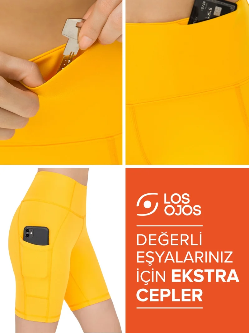 لوس اوهوس Women's Yellow High Waist Lifter Double Pocket Biker Shorts Short Sport Leggings