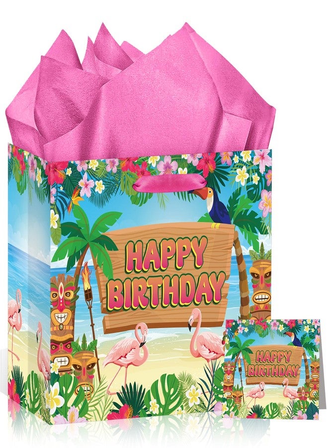 Wayyogh Hawaiian Birthday Gift Bag Large Tropical Luau Party Wrapping Bag with Tissue Paper Card Summer Beach Gift Bag with Flamingo & Tiki Design for Aloha Summer Theme Party Supplies for Kids & Adults - Image 1