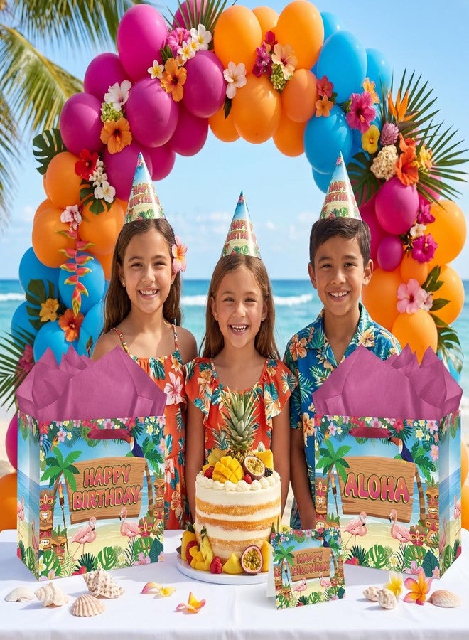 Wayyogh Hawaiian Birthday Gift Bag Large Tropical Luau Party Wrapping Bag with Tissue Paper Card Summer Beach Gift Bag with Flamingo & Tiki Design for Aloha Summer Theme Party Supplies for Kids & Adults - Image 3