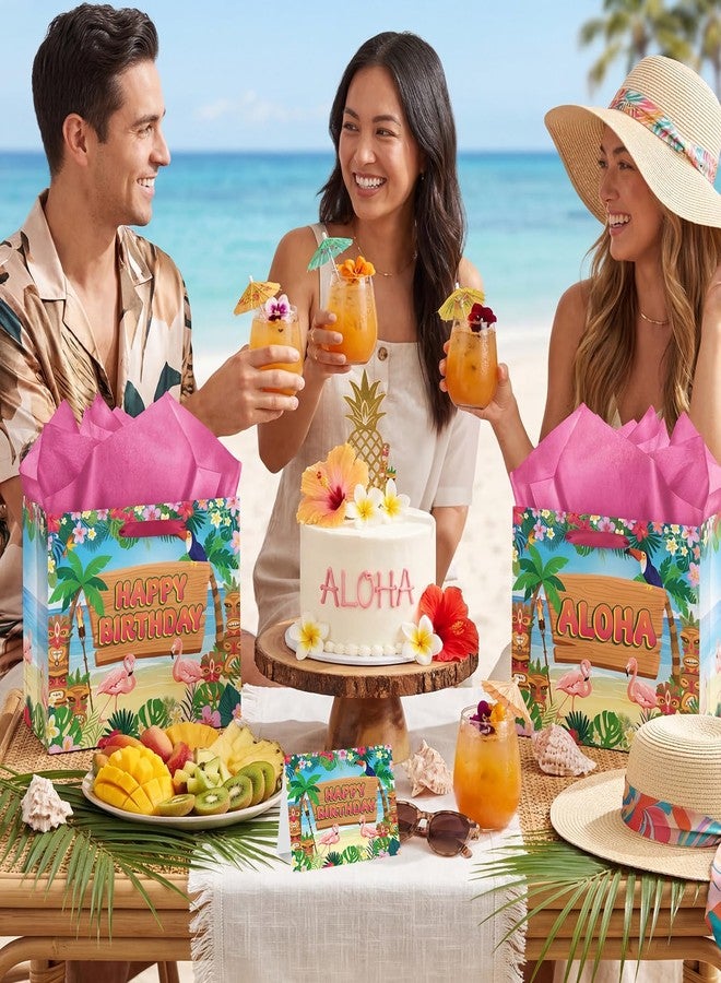 Wayyogh Hawaiian Birthday Gift Bag Large Tropical Luau Party Wrapping Bag with Tissue Paper Card Summer Beach Gift Bag with Flamingo & Tiki Design for Aloha Summer Theme Party Supplies for Kids & Adults - Image 5