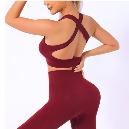 Veriliss Women's 3pcs Seamless Outfits Workout Sets,Gym Clothes Yoga Sportswear Leggings and Stretch Sports Bra Gym jumpsuits Clothes Set (Red,L) - Image 4
