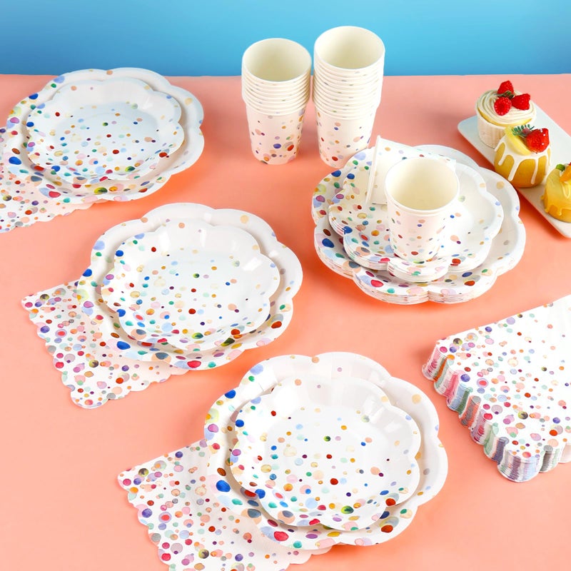 Gudvilla Colorful Birthday Plates and Napkins 200PCS Confetti Happy Birthday Party Plates Set Disposable Tableware Serve 50 for Art Paint Party Supplies Bubble Decorations-Colorful Paper Plates - Image 4