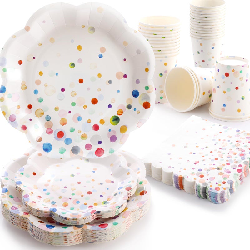 Gudvilla Colorful Birthday Plates and Napkins 200PCS Confetti Happy Birthday Party Plates Set Disposable Tableware Serve 50 for Art Paint Party Supplies Bubble Decorations-Colorful Paper Plates - Image 1