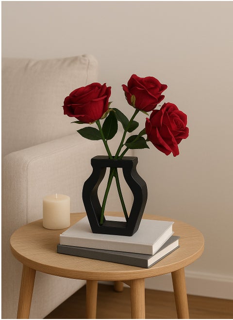 Polyester Flower Vase With Three Roses - Modern And Contemporary Decor, Living Room Decor