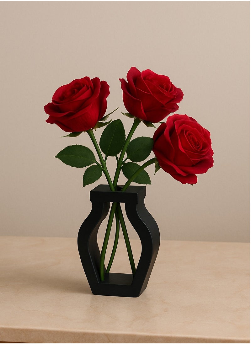 Polyester Flower Vase With Three Roses - Modern And Contemporary Decor, Living Room Decor