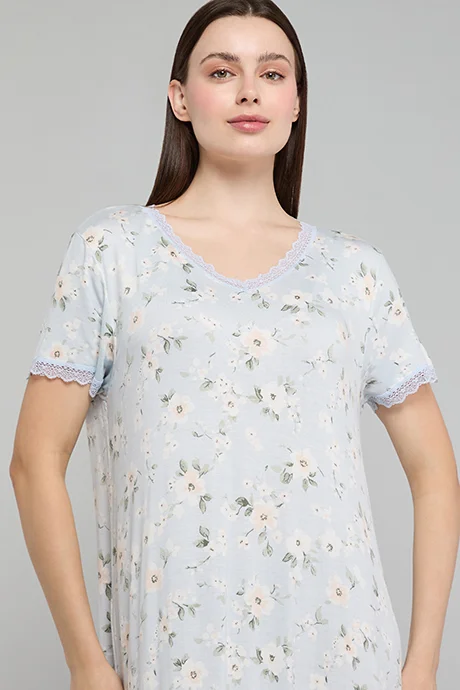 R&B Printed Nightdress with V-Neck and Short Sleeves