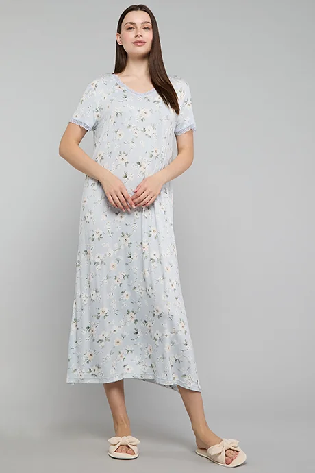 R&B Printed Nightdress with V-Neck and Short Sleeves