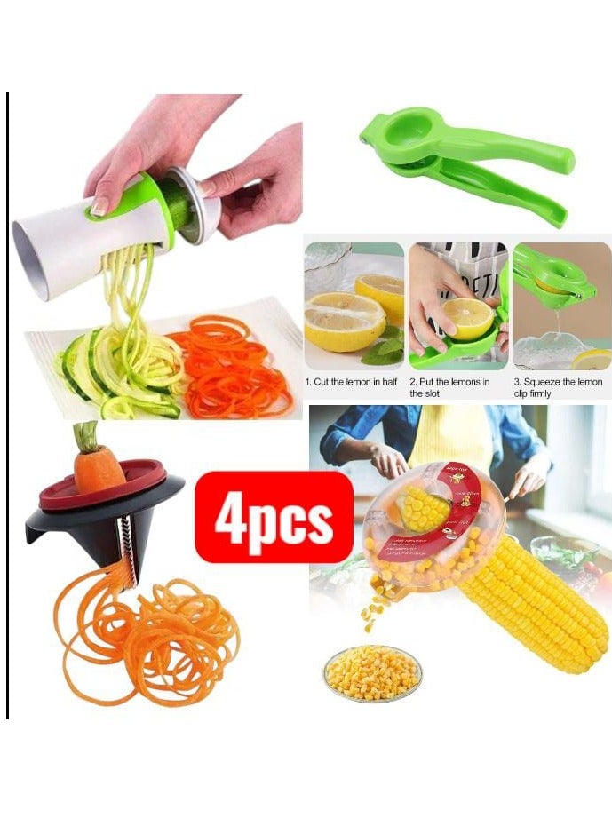 Practical and smart 4-in-1 kitchen set: Includes a spiral slicer, spiral grater, manual lemon squeezer, and corn separator – making preparing vegetables and juices quick and easy. Perfect for every modern kitchen! 