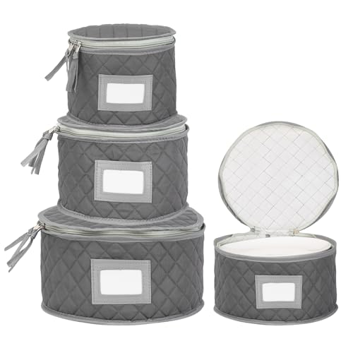 StackStorePlusMore Fine China Storage - Set of 4 Quilted Cases for Dinnerware Storage. Sizes: 12" - 10" - 8" and 7" Wide - Gray - 48 Felt Plate Separators Included - Image 1