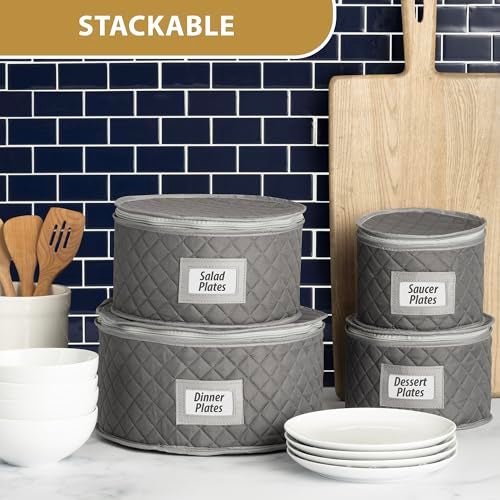 StackStorePlusMore Fine China Storage - Set of 4 Quilted Cases for Dinnerware Storage. Sizes: 12" - 10" - 8" and 7" Wide - Gray - 48 Felt Plate Separators Included - Image 5