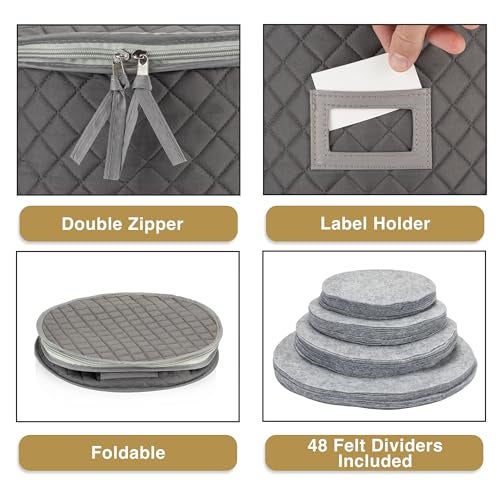 StackStorePlusMore Fine China Storage - Set of 4 Quilted Cases for Dinnerware Storage. Sizes: 12" - 10" - 8" and 7" Wide - Gray - 48 Felt Plate Separators Included - Image 4