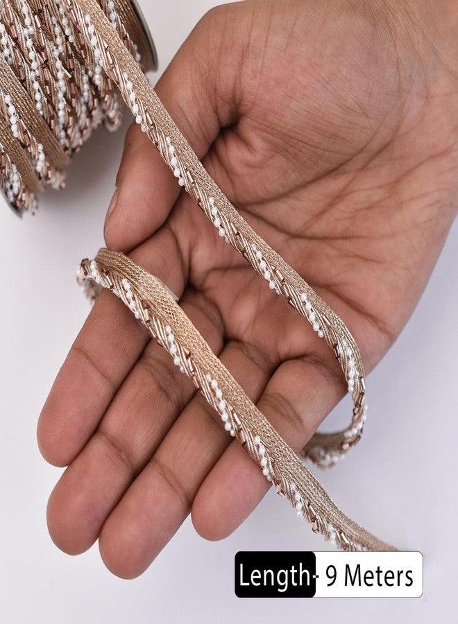 EmbroideryMaterial Rose Gold Zari Lace for Saree | Lace with Rose Gold Tube Beads & White Pearls for Embellishment of Lehenga, Kurta, Blouse, DIY Crafts (1CM Width, 9 Meters/Roll) - Image 3
