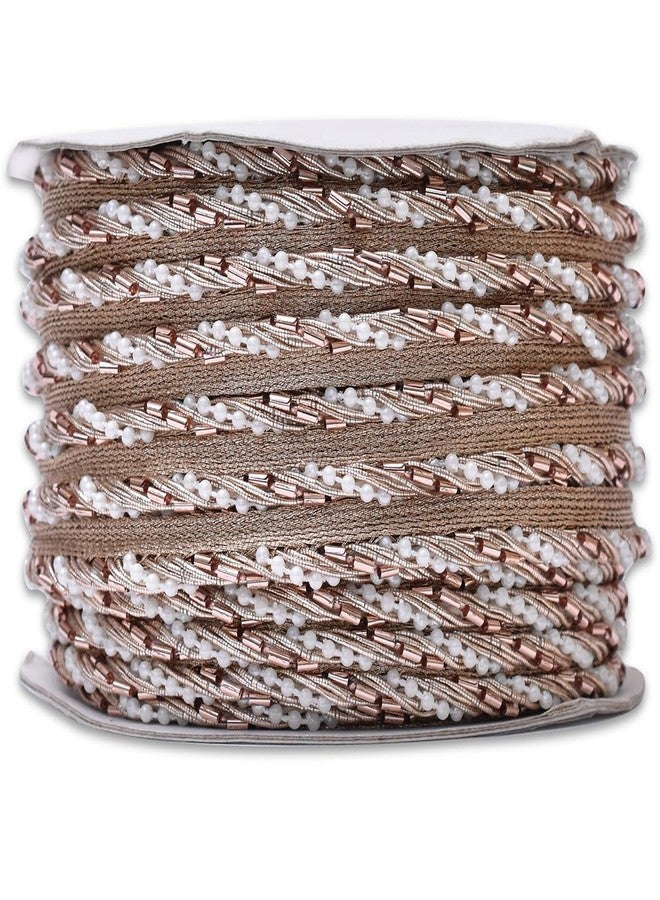EmbroideryMaterial Rose Gold Zari Lace for Saree | Lace with Rose Gold Tube Beads & White Pearls for Embellishment of Lehenga, Kurta, Blouse, DIY Crafts (1CM Width, 9 Meters/Roll) - Image 1