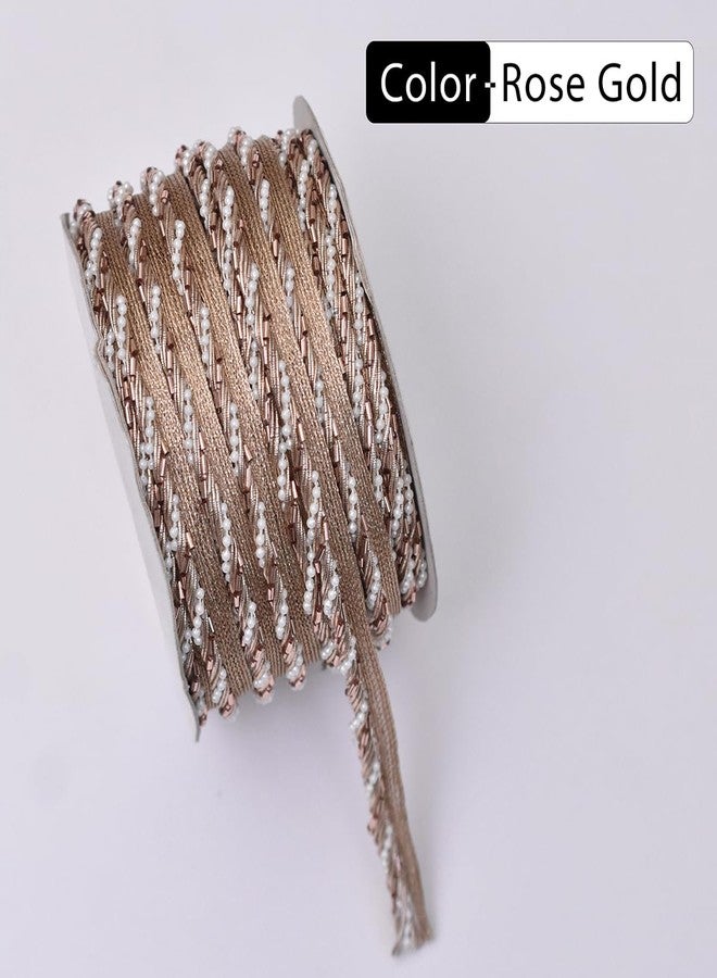 EmbroideryMaterial Rose Gold Zari Lace for Saree | Lace with Rose Gold Tube Beads & White Pearls for Embellishment of Lehenga, Kurta, Blouse, DIY Crafts (1CM Width, 9 Meters/Roll) - Image 4