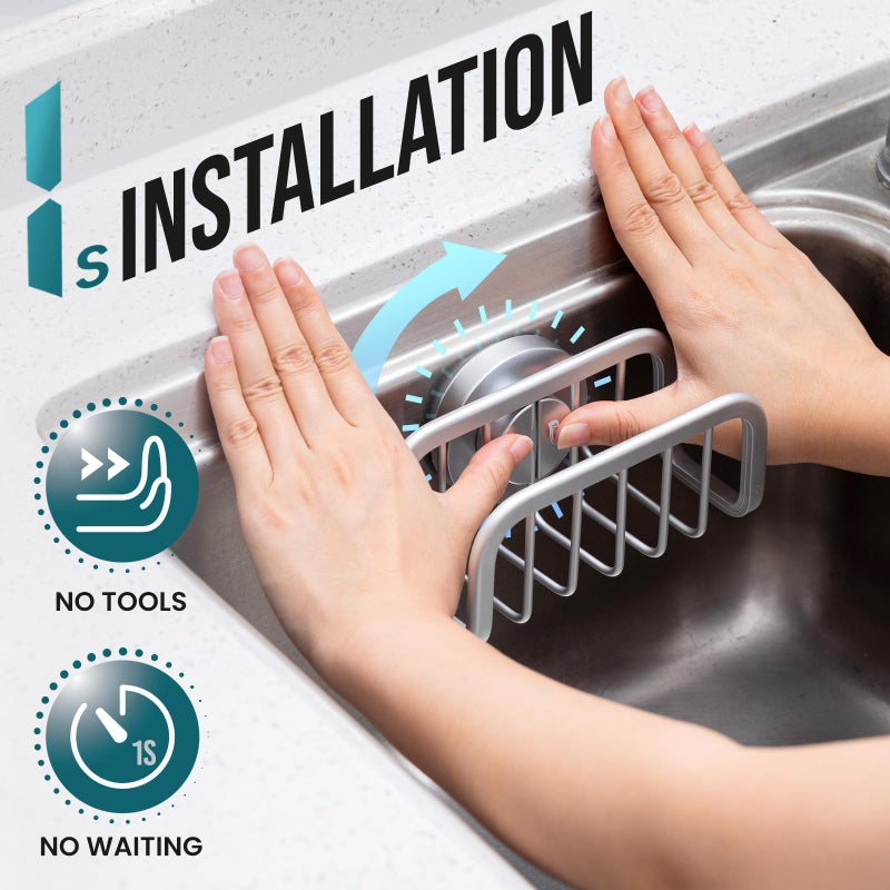 TAILI Sponge Holder for Kitchen Sink with Strong Suction Cup, Rustproof Aluminum Sink Caddy for Sponges, Removable Sponge Holder, Dish Brush for Scraper - Silver - Image 2