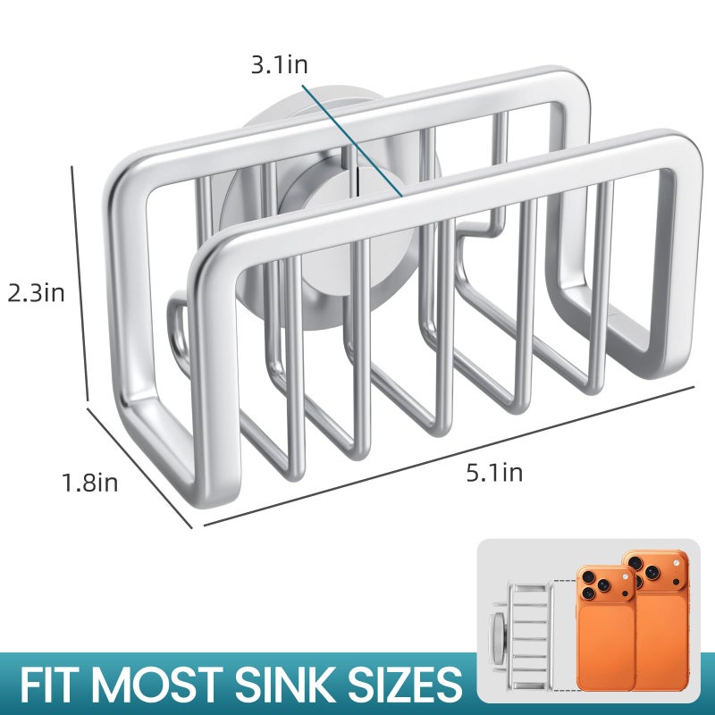 TAILI Sponge Holder for Kitchen Sink with Strong Suction Cup, Rustproof Aluminum Sink Caddy for Sponges, Removable Sponge Holder, Dish Brush for Scraper - Silver - Image 3