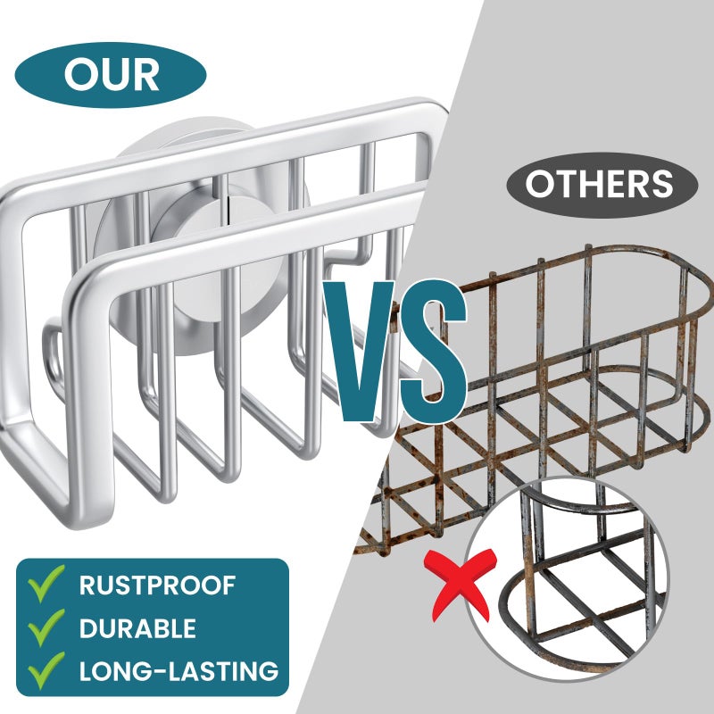 TAILI Sponge Holder for Kitchen Sink with Strong Suction Cup, Rustproof Aluminum Sink Caddy for Sponges, Removable Sponge Holder, Dish Brush for Scraper - Silver - Image 4