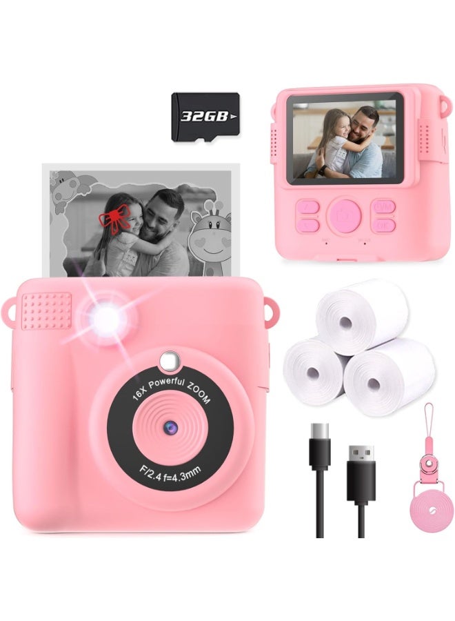 Blue Dune Instant Print Camera for Kids, Christmas Birthday Gifts Girls Boys Age 3-12, HD Digital Video Cameras Toddler, Portable Toy 3 4 5 6 7 8 9 10 Year Old Girl with 32GB SD Card-Pink - Image 1