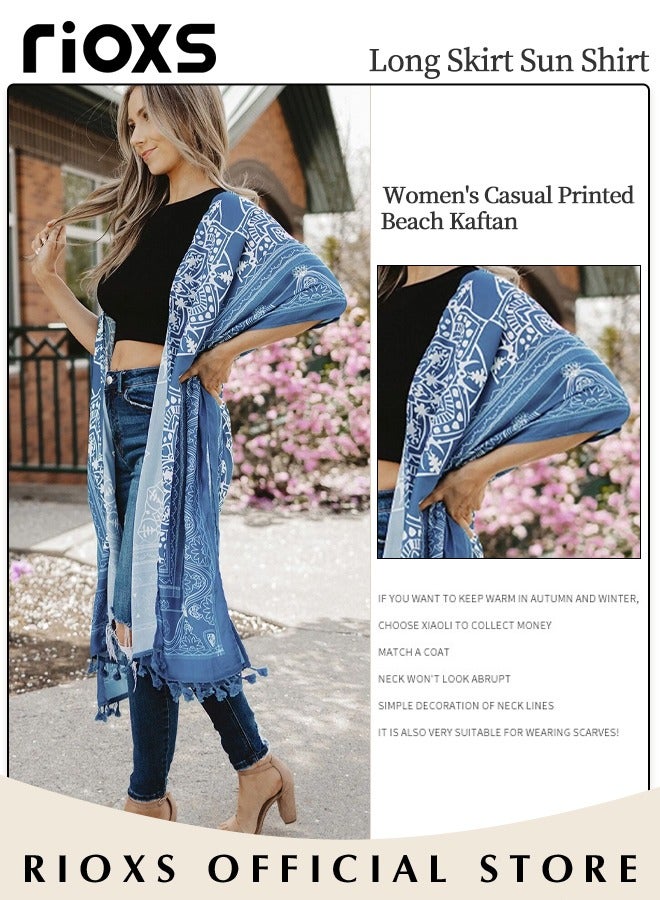 RIOXS Women's Summer Fashion Printed Print Kimono Casual Open Front Cover Up Long Cardigan Loose Beach Swimsuit Cover Up  - Image 2