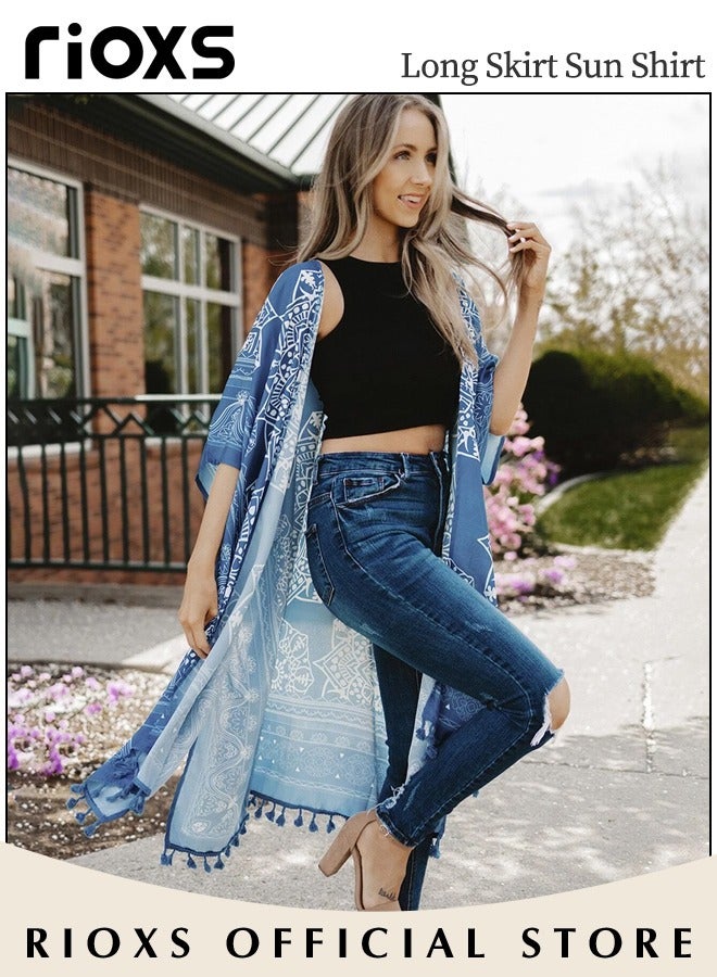 RIOXS Women's Summer Fashion Printed Print Kimono Casual Open Front Cover Up Long Cardigan Loose Beach Swimsuit Cover Up  - Image 3