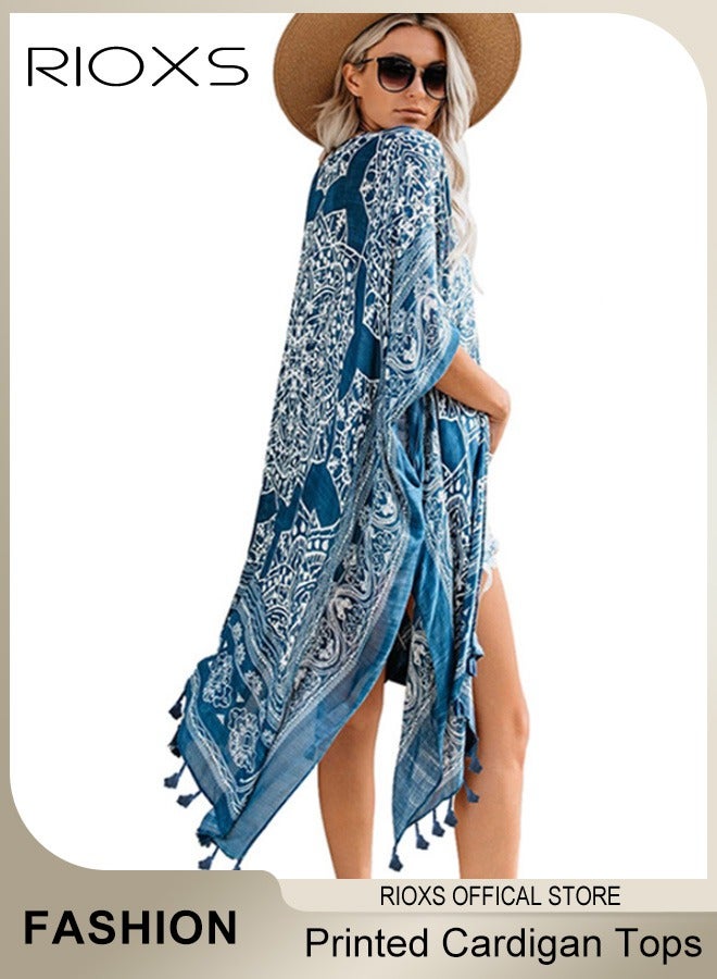 RIOXS Women's Summer Fashion Printed Print Kimono Casual Open Front Cover Up Long Cardigan Loose Beach Swimsuit Cover Up  - Image 4
