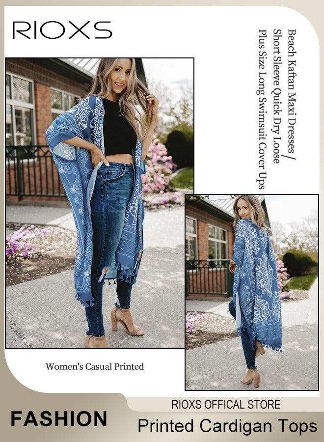 RIOXS Women's Summer Fashion Printed Print Kimono Casual Open Front Cover Up Long Cardigan Loose Beach Swimsuit Cover Up  - Image 1