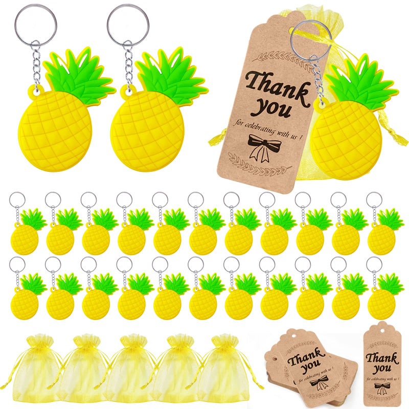 CiciBear 72 Pack Pineapple Party Favors with 24 Keychains 24 Thank You Tags and 24 Bags for Hawaiian Luau Aloha Party Tropical Flamingo Summer BacheloretteBirthday