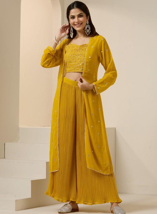 ISHIN Women'S Yellow Georgette Embroidered Tunic Full Length Palazzo Straight Fit Co Ords - Image 1